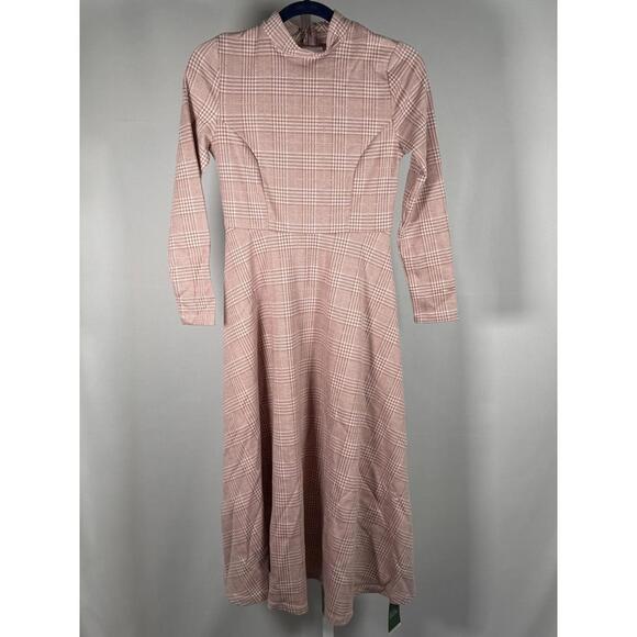 NWT Halara High Neck Houndstooth Plaid Long Sleeve Midi Work Dress Pink - Small - Picture 2 of 6
